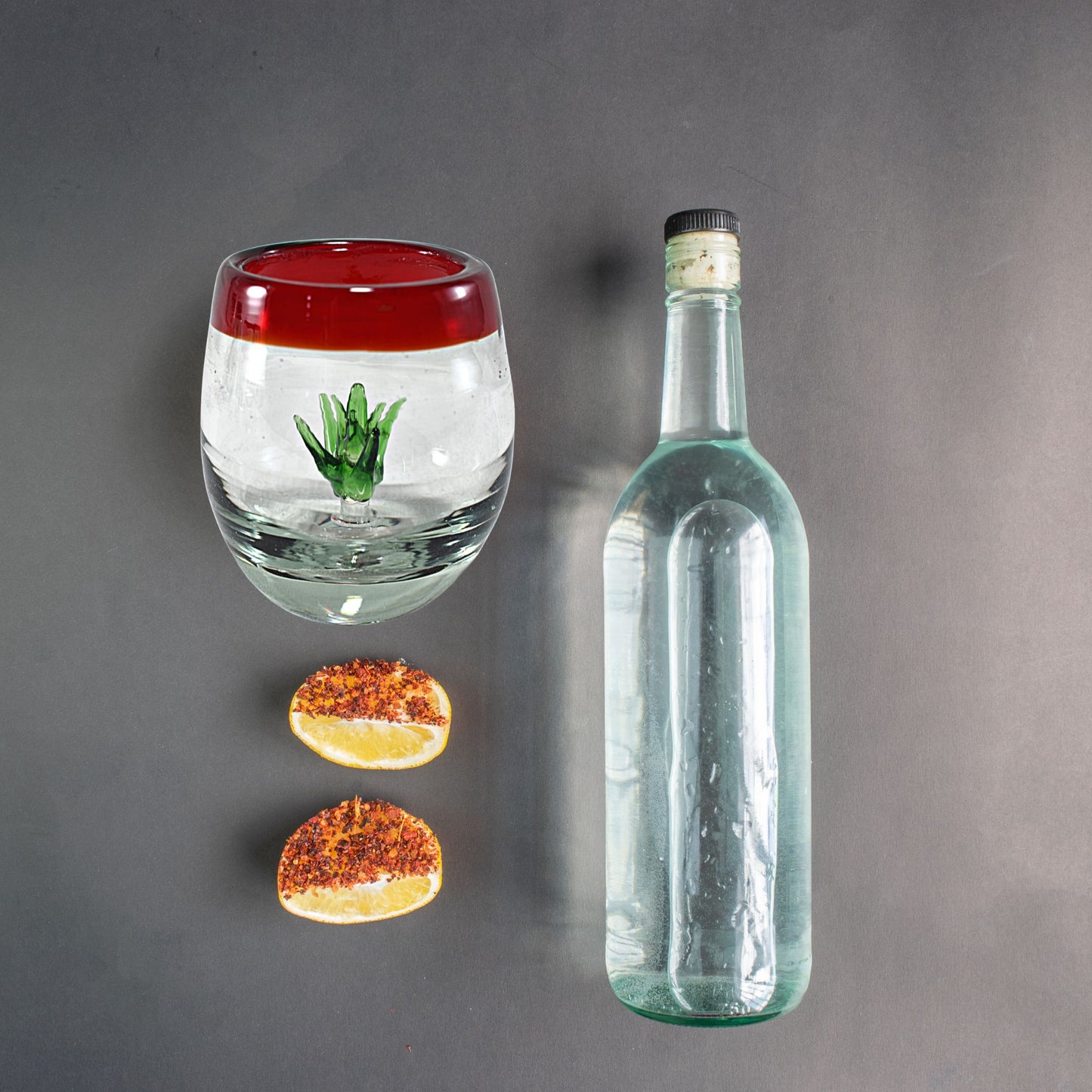 MAREY Mexican Shot Glasses | Artisan Crafted | Blown Glass | Set of 6 Pieces | 100% Recycled Glass | (Red Rim W/ Agave, Barrel 2 Oz.)