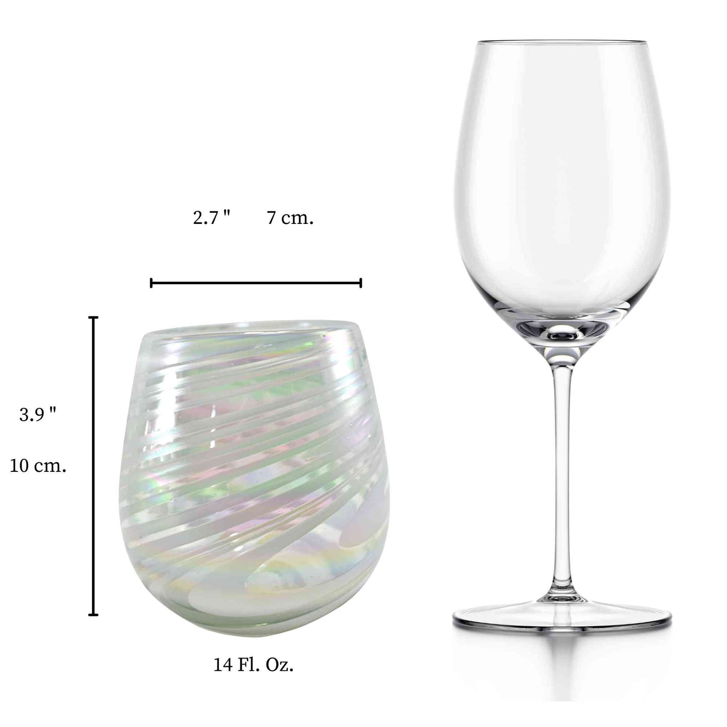 Vaso Stemless | Set de 6 Piezas | Hechos Artesanalmente en México | Vidrio Reciclado | Artesanal | (Blanco Pearly Swirl, 14 Oz.) - MAREY - Vaso
