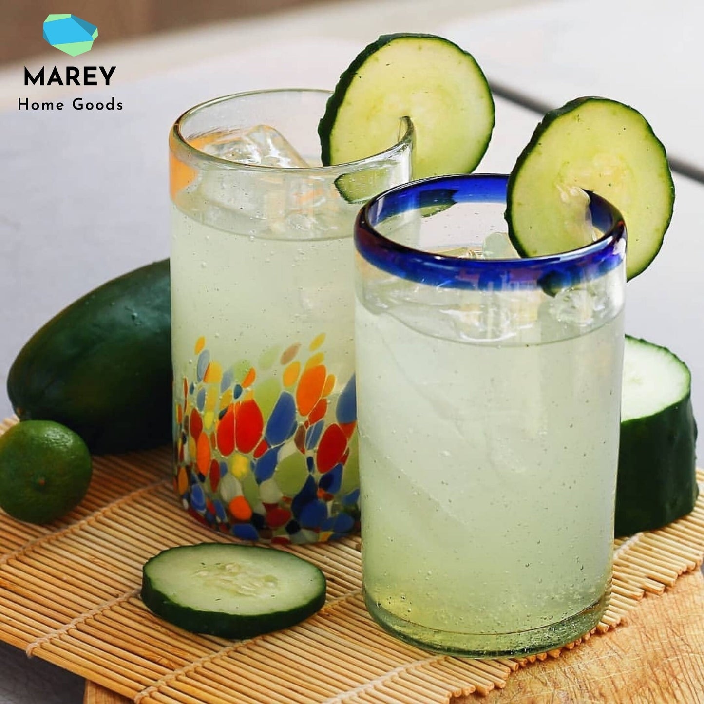 MAREY Mexican Drinking Glasses | Artisan Crafted | Blown Glass | Set of 6 Pieces | 100% Recycled Glass | (Cobalt Blue Rim, Water 16 Oz.)