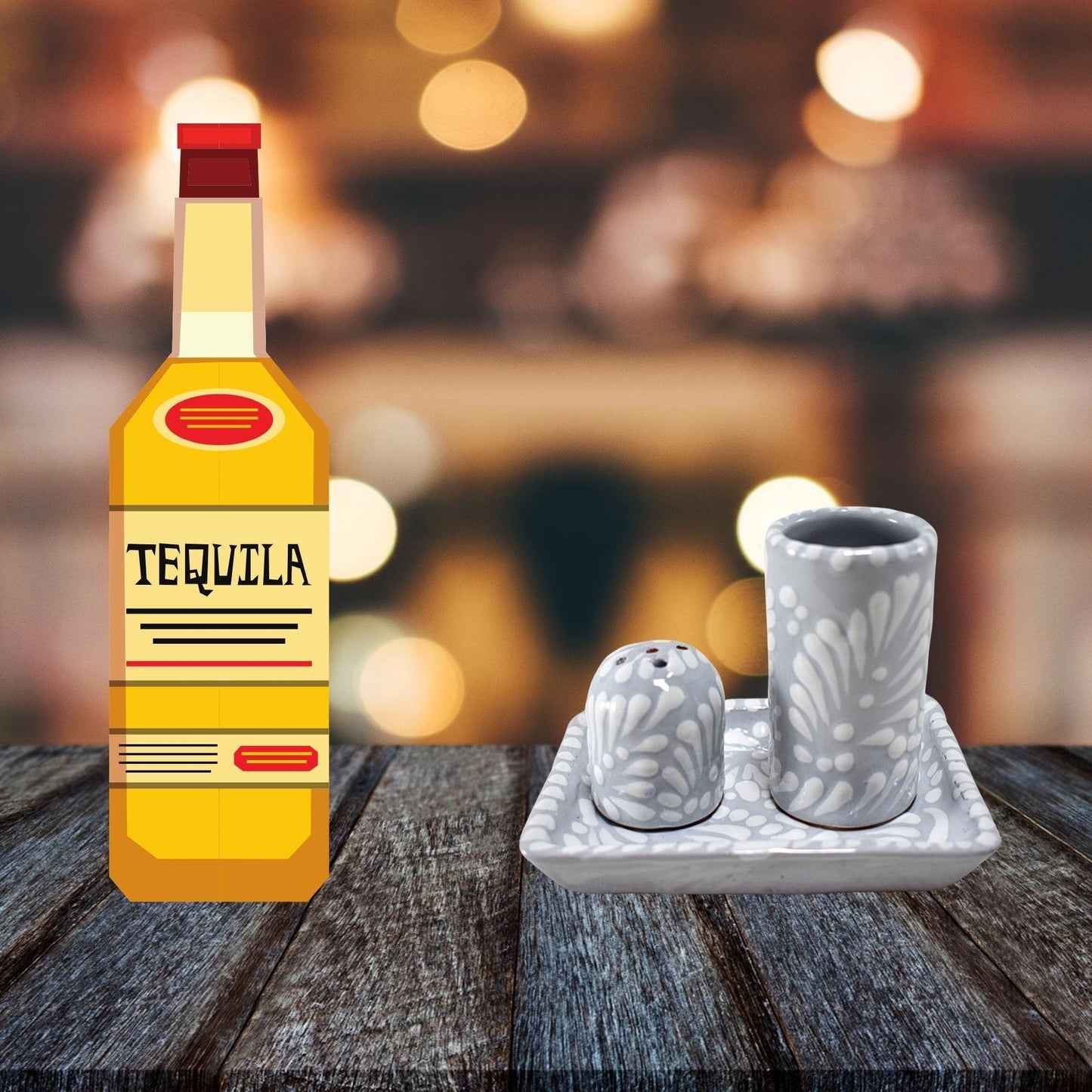Set de Tequilero & Salero con Bandeja | Cerámica de Talavera Poblana (Gris Sobre Blanco, 2 Oz.) - MAREY -