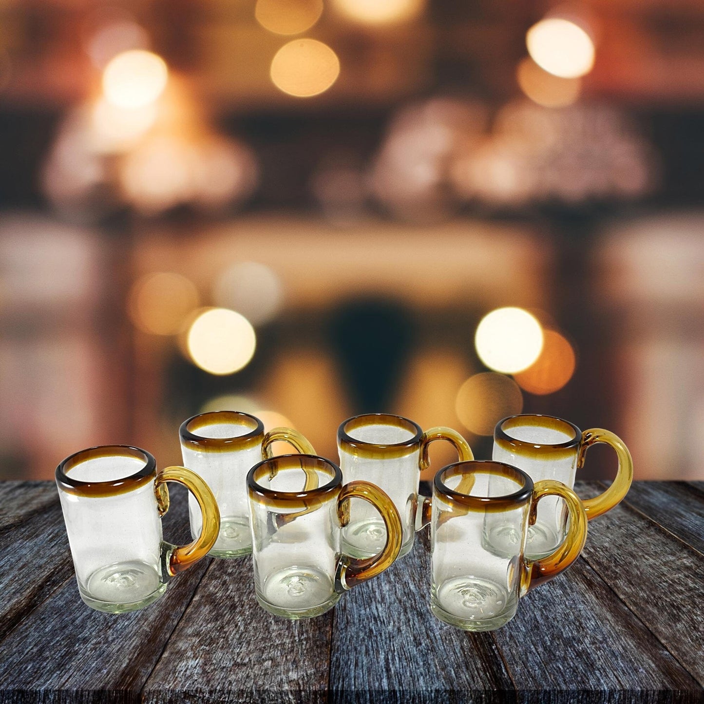Tarro Cervecero de Vidrio Soplado Artesanalmente en México | Set de 6 Piezas | (Filo Ámbar, Cerveza 16 Oz.) - MAREY -