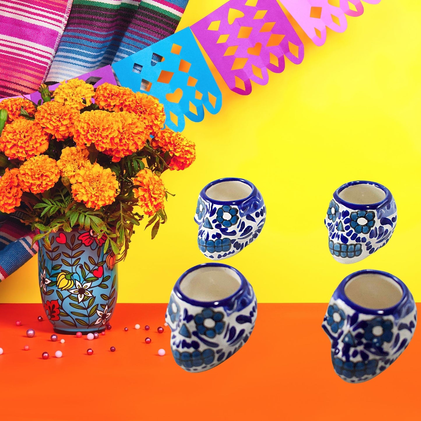 Vasos Mezcaleros | Calaverita | Cerámica de Talavera | Set de 4 Piezas | 100% Artesanal | (Black & White, 2 Oz.) - MAREY - Vaso Mezcalero