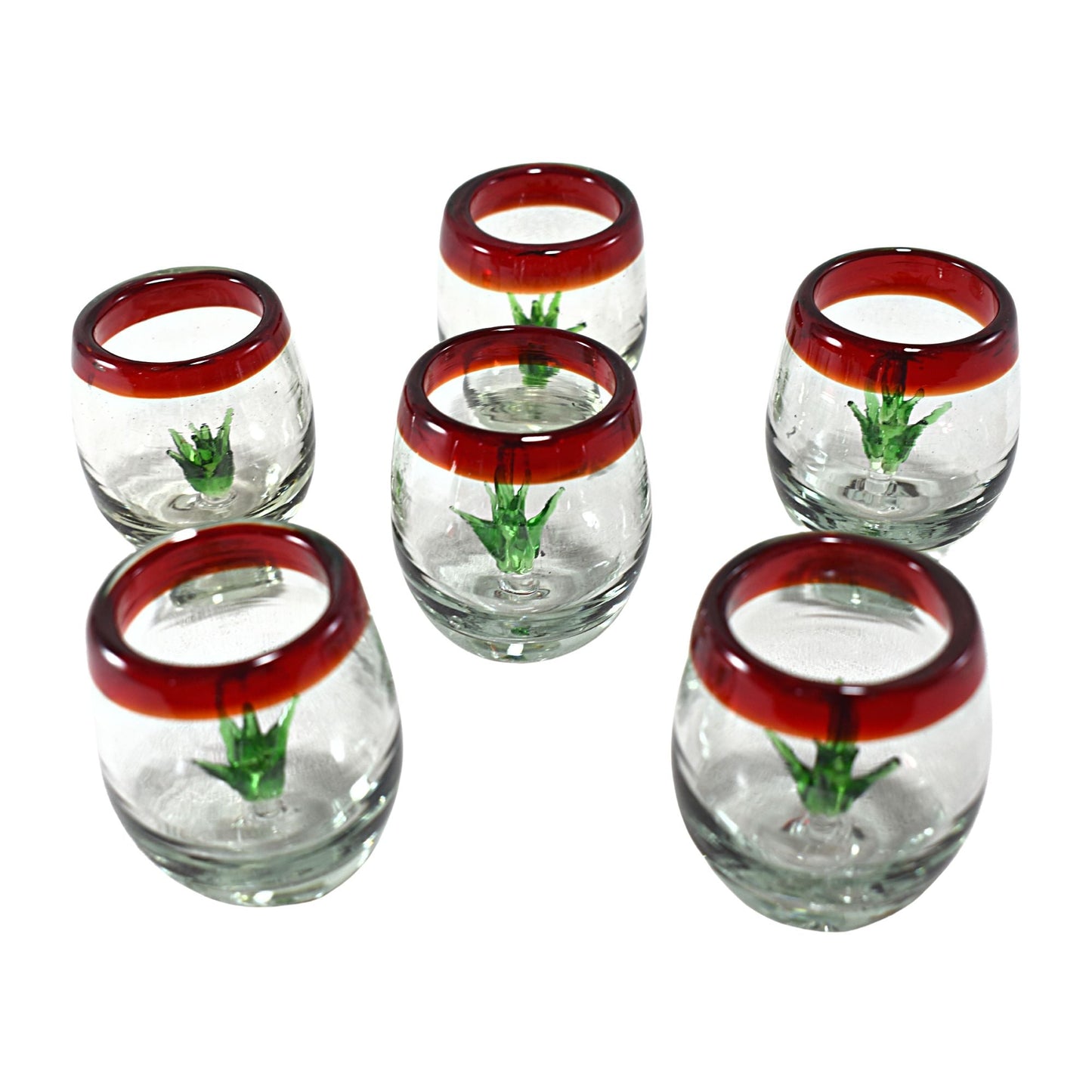 Vasos Mezcaleros | Set de 6 Piezas | Caballitos de Vidrio Soplado Artesanalmente en México (Filo Rojo C/ Agave, Barril 2 Oz.) - MAREY -