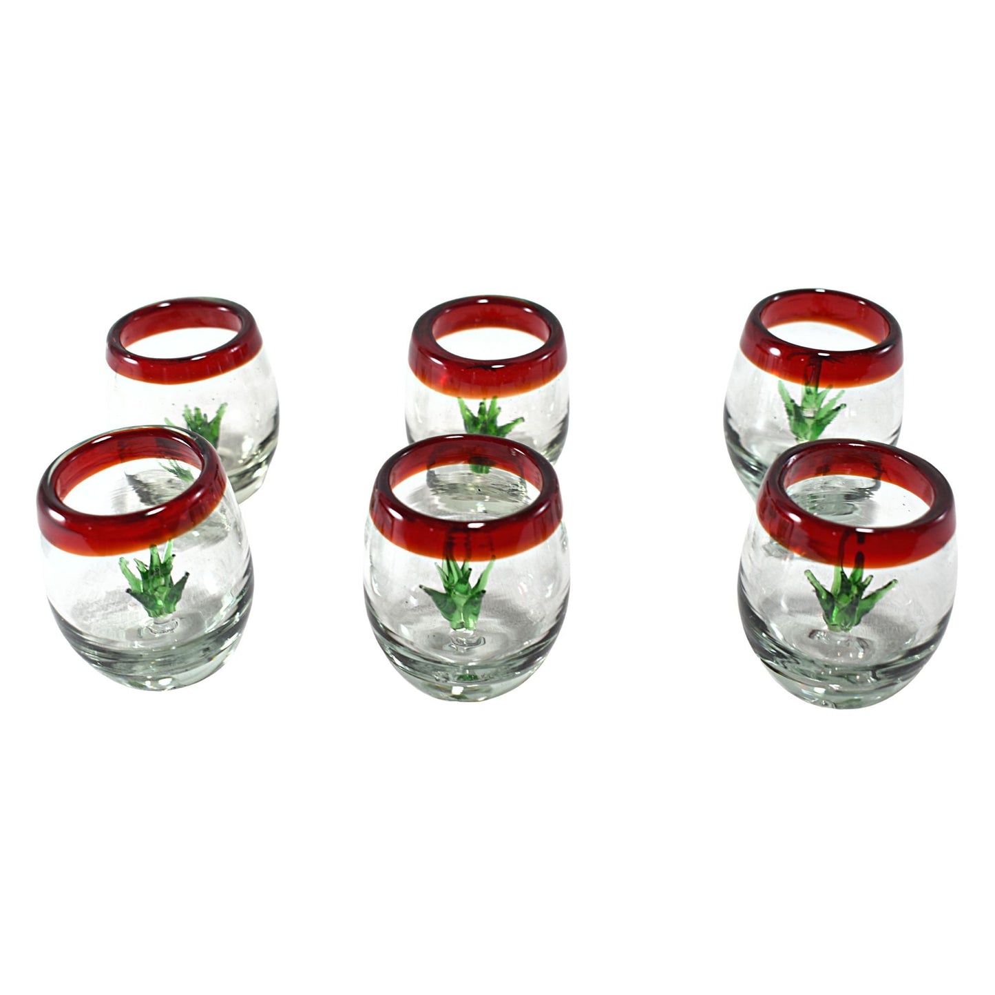 Vasos Mezcaleros | Set de 6 Piezas | Caballitos de Vidrio Soplado Artesanalmente en México (Filo Rojo C/ Agave, Barril 2 Oz.) - MAREY -