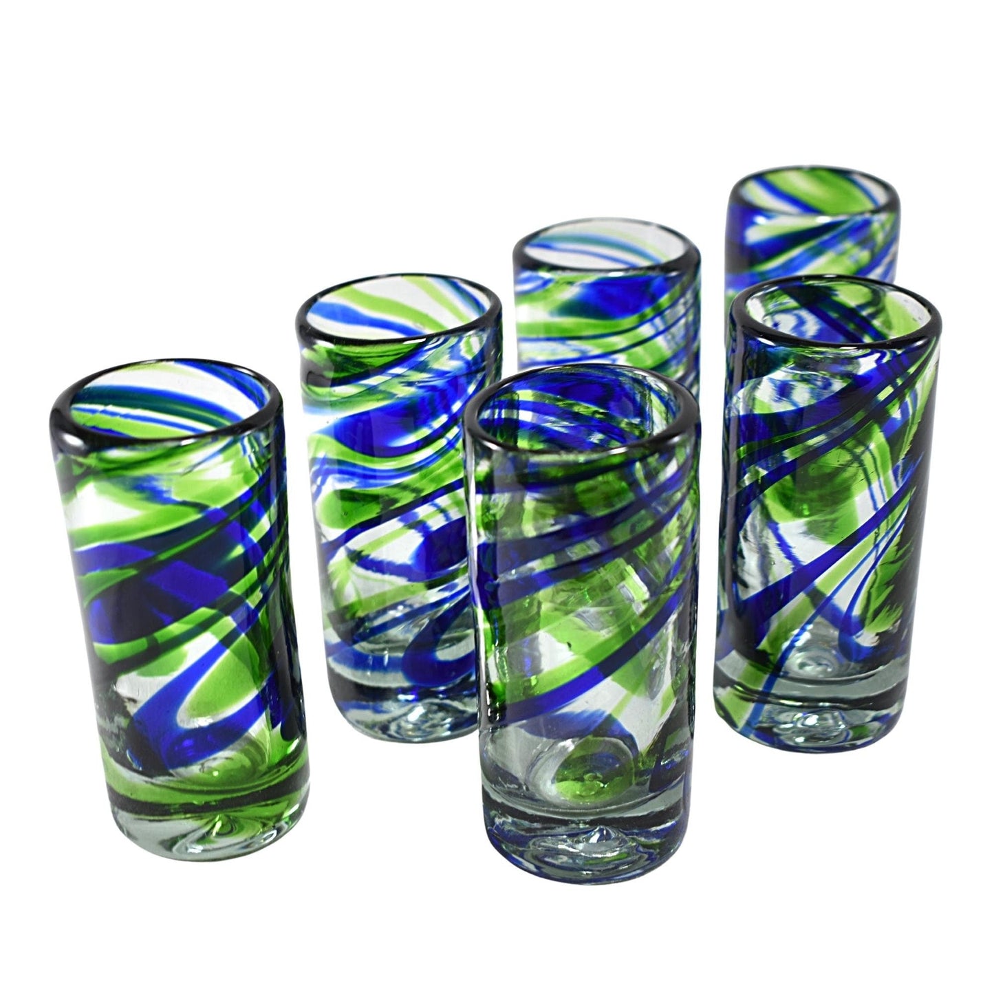 Vasos Tequileros de Vidrio Soplado Artesanalmente en México | Set de 6 Piezas |(Espiral Verde & Cobalto, 2 Oz.) - MAREY -