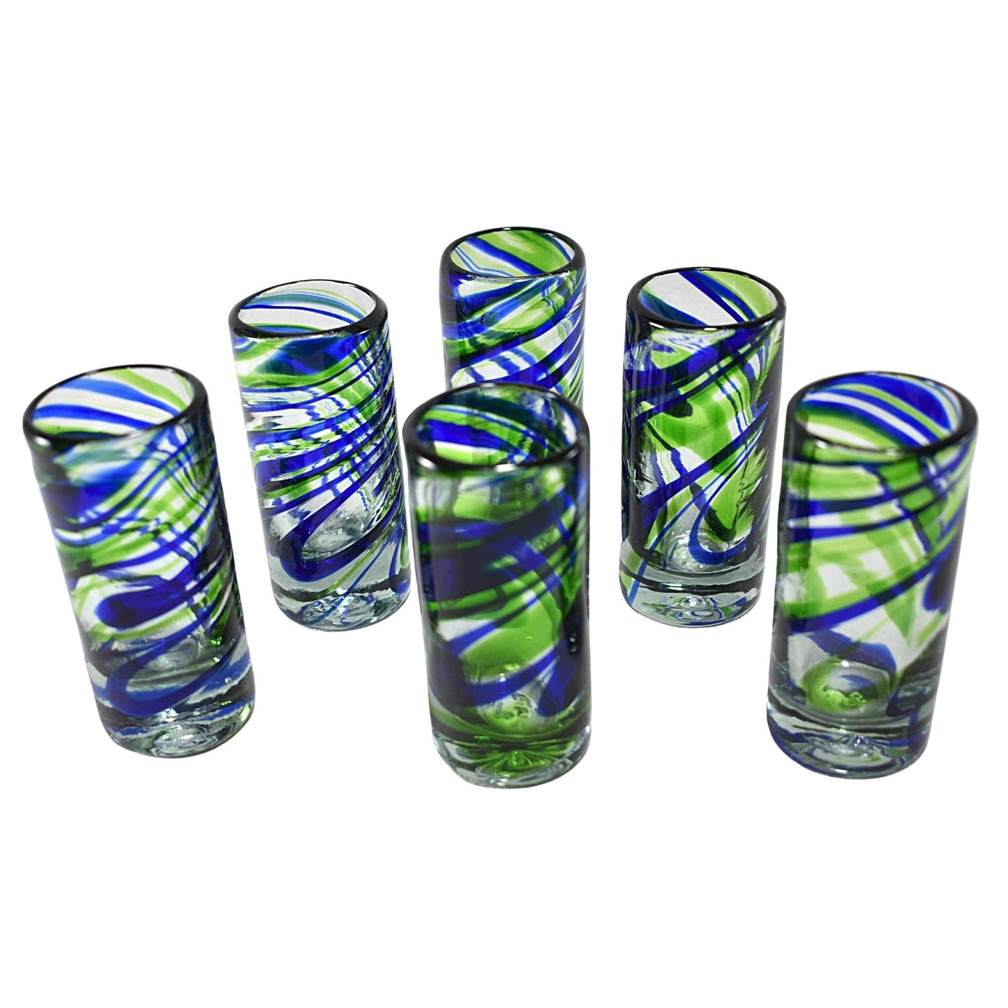 Vasos Tequileros de Vidrio Soplado Artesanalmente en México | Set de 6 Piezas |(Espiral Verde & Cobalto, 2 Oz.) - MAREY -