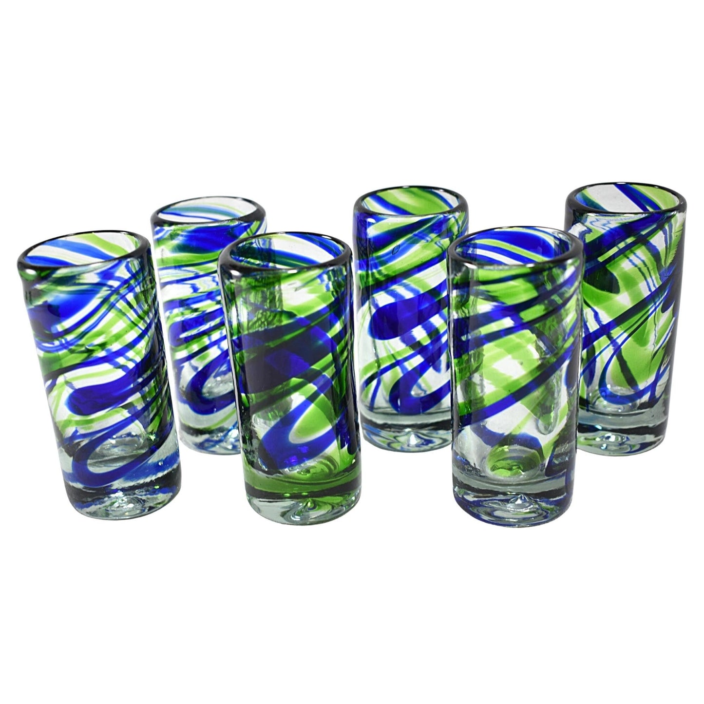 Vasos Tequileros de Vidrio Soplado Artesanalmente en México | Set de 6 Piezas |(Espiral Verde & Cobalto, 2 Oz.) - MAREY -