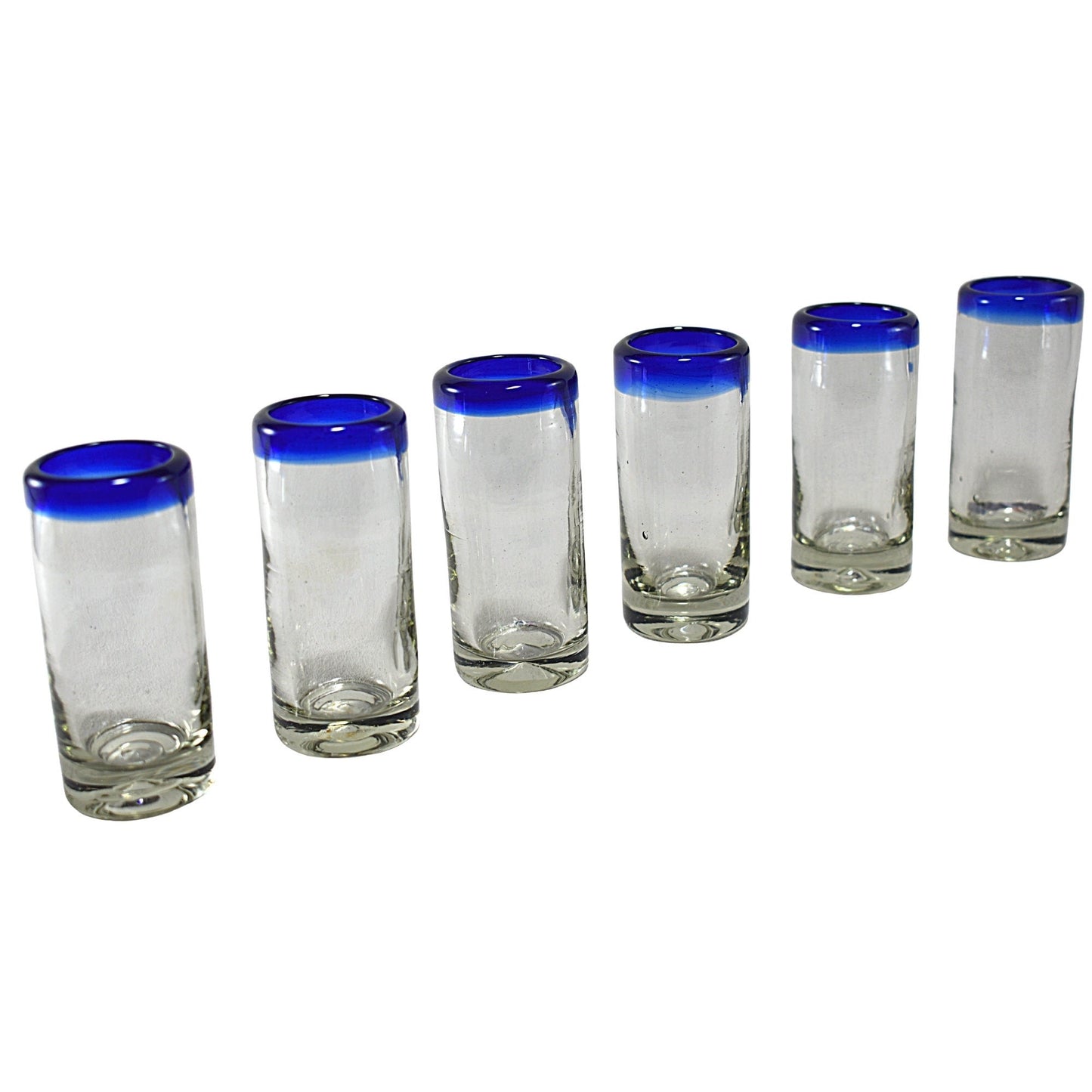 Vasos Tequileros | Vidrio Soplado Artesanalmente en México | Set de 6 Piezas | (Filo Azul Cobalto, 2 Oz.) - MAREY -