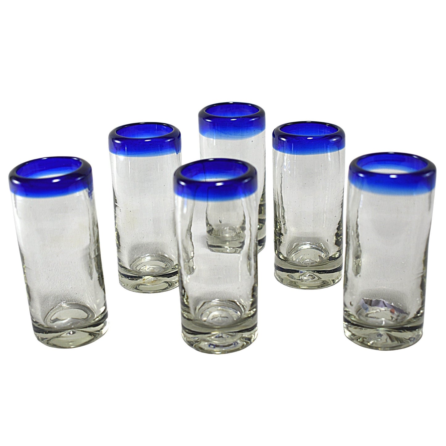 Vasos Tequileros | Vidrio Soplado Artesanalmente en México | Set de 6 Piezas | (Filo Azul Cobalto, 2 Oz.) - MAREY -