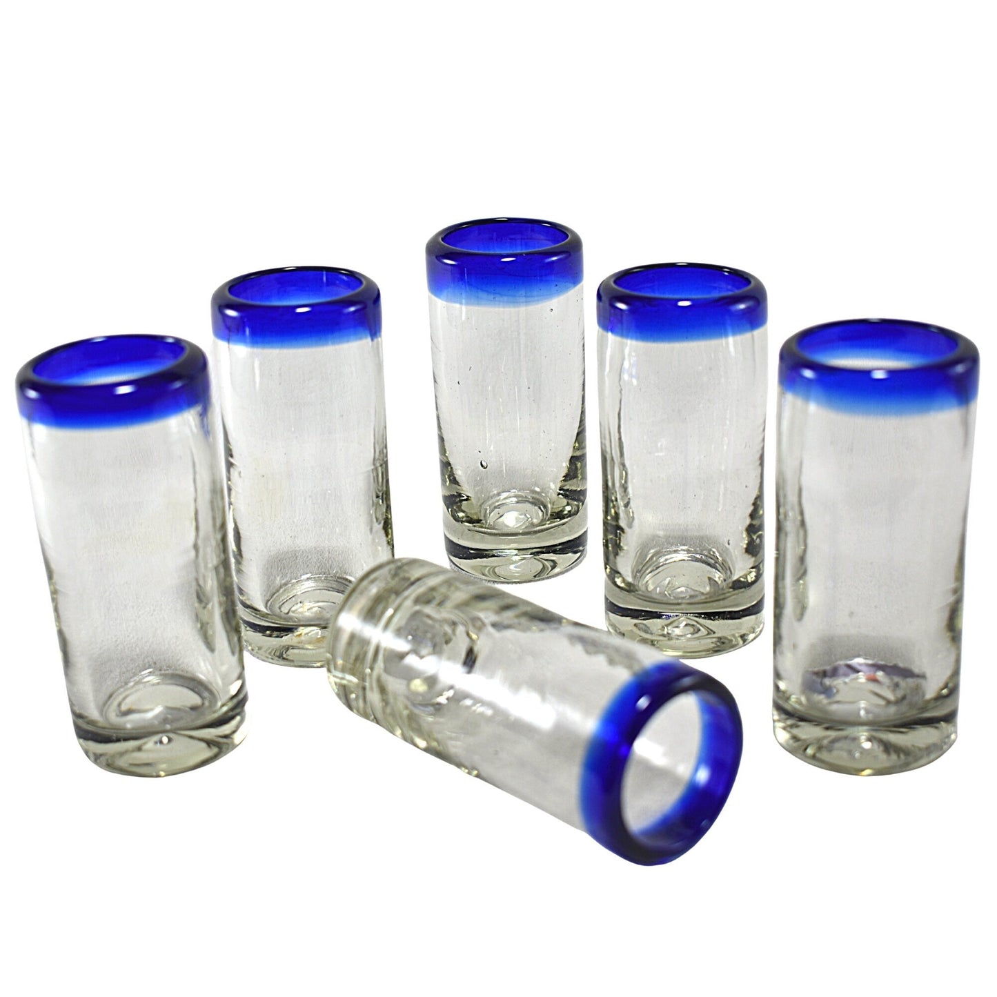 Vasos Tequileros | Vidrio Soplado Artesanalmente en México | Set de 6 Piezas | (Filo Azul Cobalto, 2 Oz.) - MAREY -