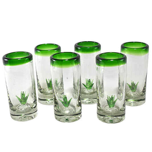 Vasos Tequileros | Vidrio Soplado Artesanalmente en México | Set de 6 Piezas | (Filo Verde C/Agave, 2 Oz.) - MAREY -