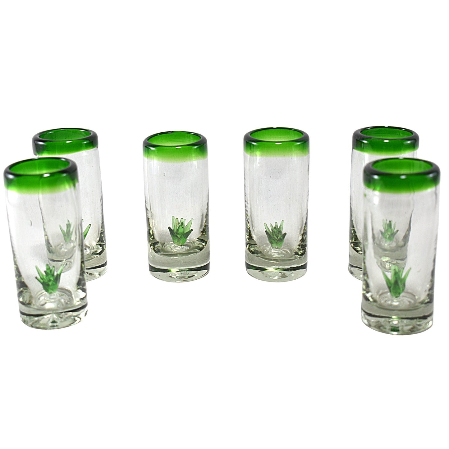 Vasos Tequileros | Vidrio Soplado Artesanalmente en México | Set de 6 Piezas | (Filo Verde C/Agave, 2 Oz.) - MAREY -