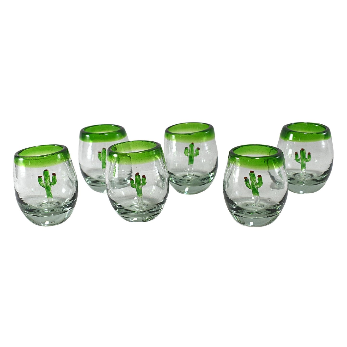 Vasos Tequileros | Vidrio Soplado Artesanalmente en México | Set de 6 Piezas | (Filo Verde C/Cactus, 2 Oz.) - MAREY -