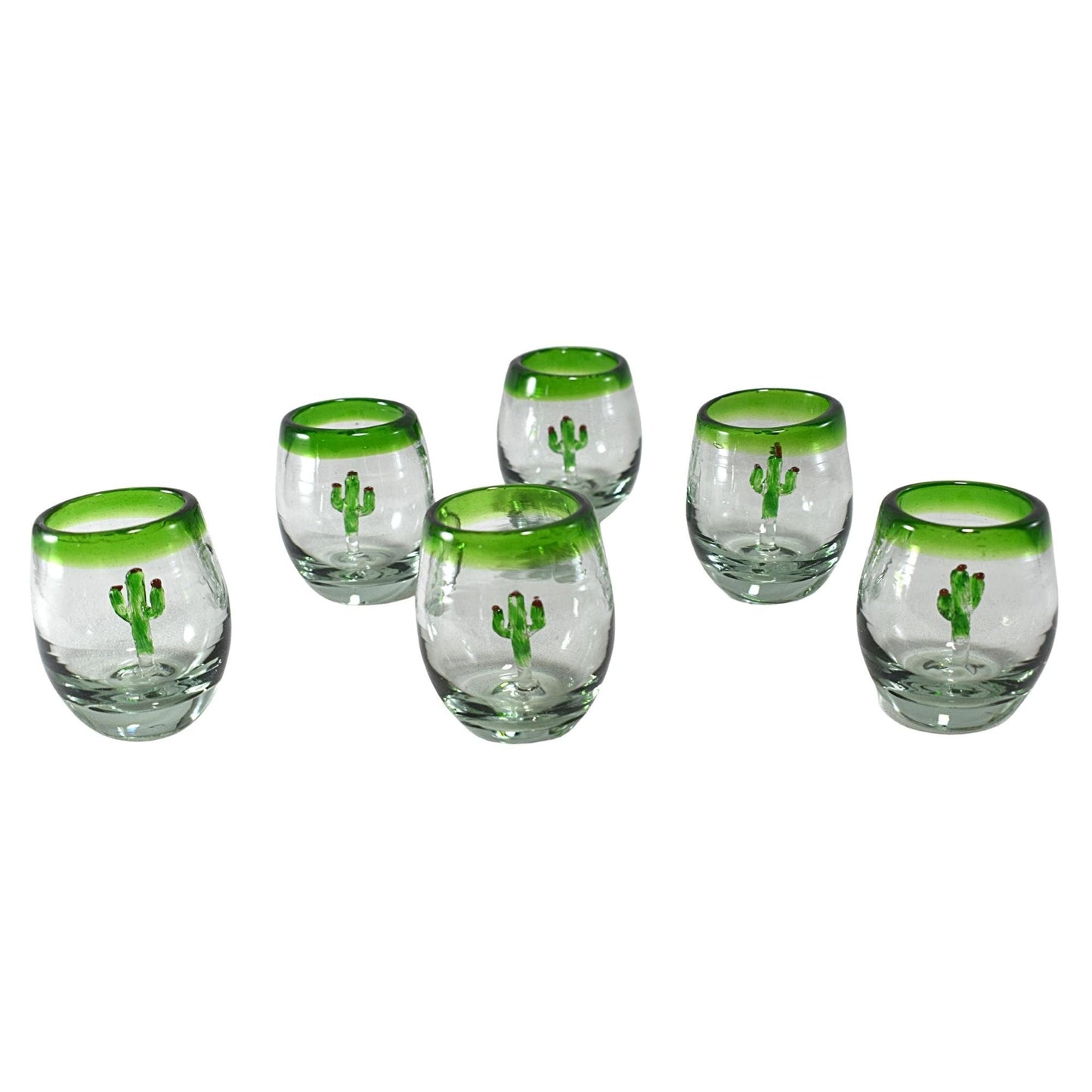 Vasos Tequileros | Vidrio Soplado Artesanalmente en México | Set de 6 Piezas | (Filo Verde C/Cactus, 2 Oz.) - MAREY -