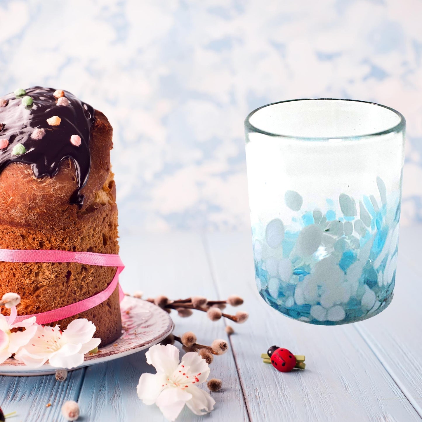 Vasos Vidrio Soplado Para Agua | Set de 6 Piezas | Hechos Artesanalmente en México | (Confetti Cielo, 10 Oz.) - MAREY -