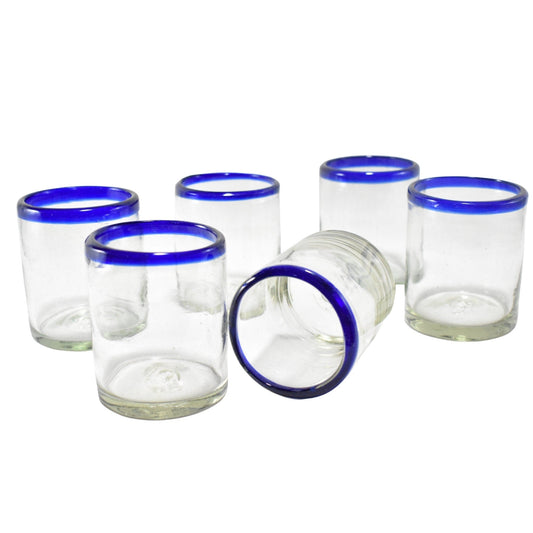 Vasos Vidrio Soplado | Set de 6 Piezas | Hechos Artesanalmente en México | (Filo Azul Cobalto, Old Fashioned 10 Oz.) - MAREY -