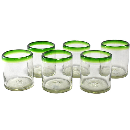 Vasos Vidrio Soplado | Set de 6 Piezas | Hechos Artesanalmente en México | (Filo Verde, Old Fashioned 10 Oz.) - MAREY -