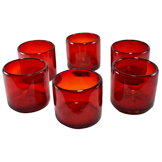 Vasos Vidrio Soplado | Set de 6 Piezas | Hechos Artesanalmente en México | (Rojo Solido, Old Fashioned 8 Oz.) - MAREY -