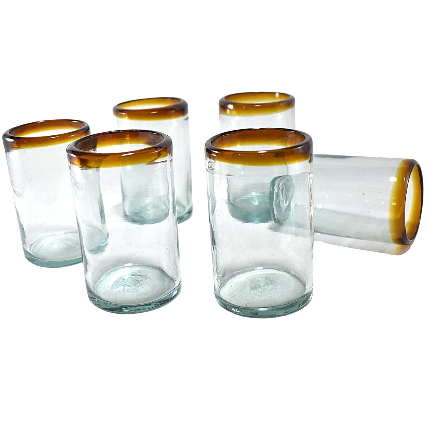 Vasos Vidrio Soplado | Set de 6 Piezas | Hechos Artesanalmente en México | Vaso Old Fashioned | (Filo Ámbar, Agua 16 Oz.) - MAREY -