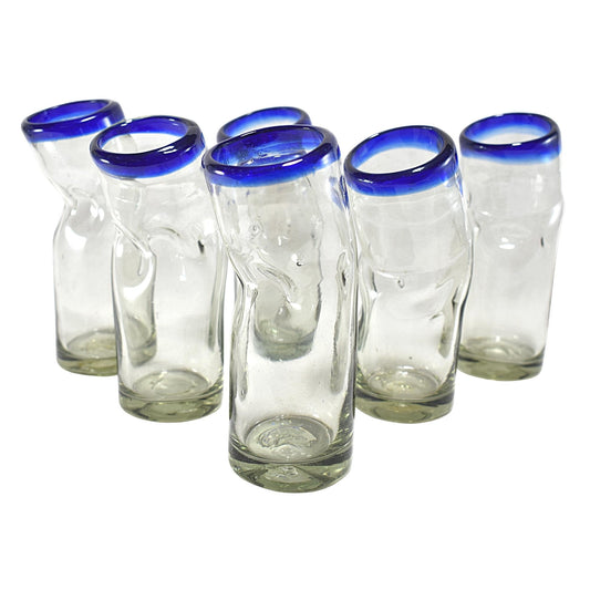 Vasos Vidrio Soplado | Set de 6 Piezas | Vaso Borracho | (Filo Azul Cobalto, 14 Oz.) - MAREY -