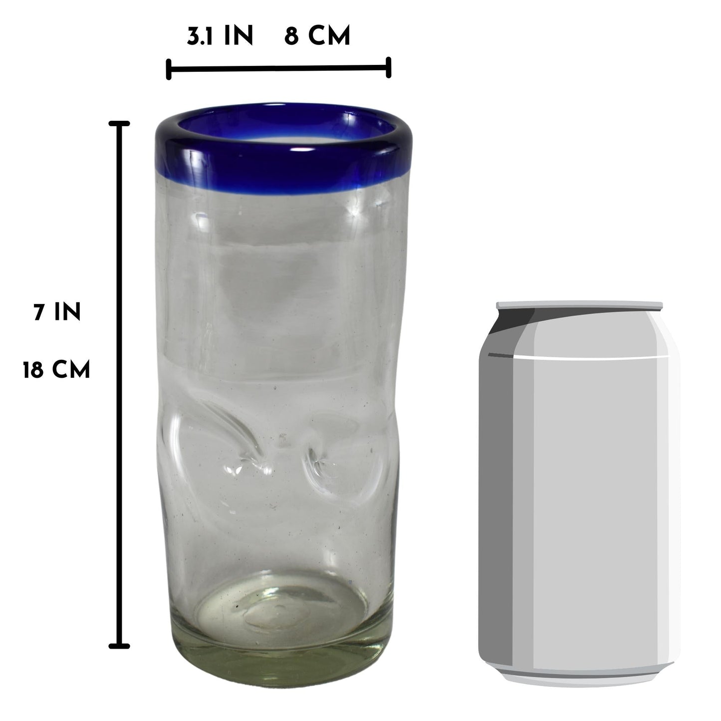 Vasos Vidrio Soplado | Set de 6 Piezas | Vaso Borracho | (Filo Azul Cobalto, 20 Oz.) - MAREY -