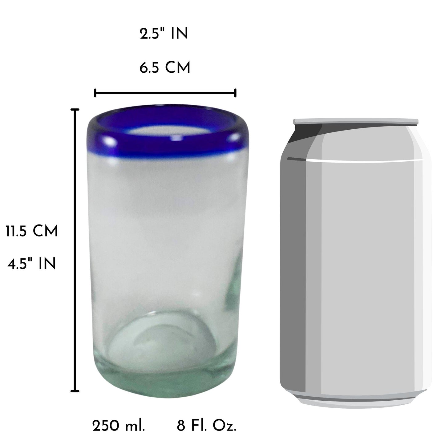 Vasos Vidrio Soplado | Vaso Jugo | Set de 6 Piezas | Hechos Artesanalmente en México | (Filo Azul Cobalto, 8 Oz.) - MAREY -