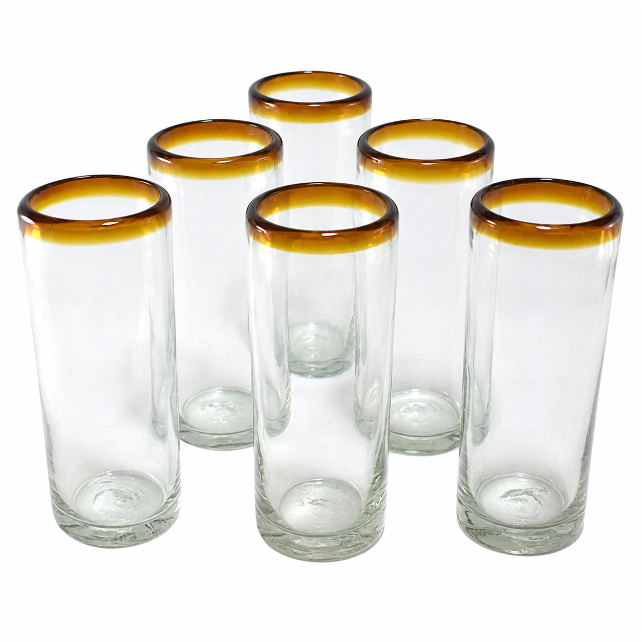 MAREY Mexican Drinking Glasses | Artisan Crafted | Blown Glass | Set of 6 Pieces | 100% Recycled | (Cobalt Blue Rim, Highball 13 Oz.)