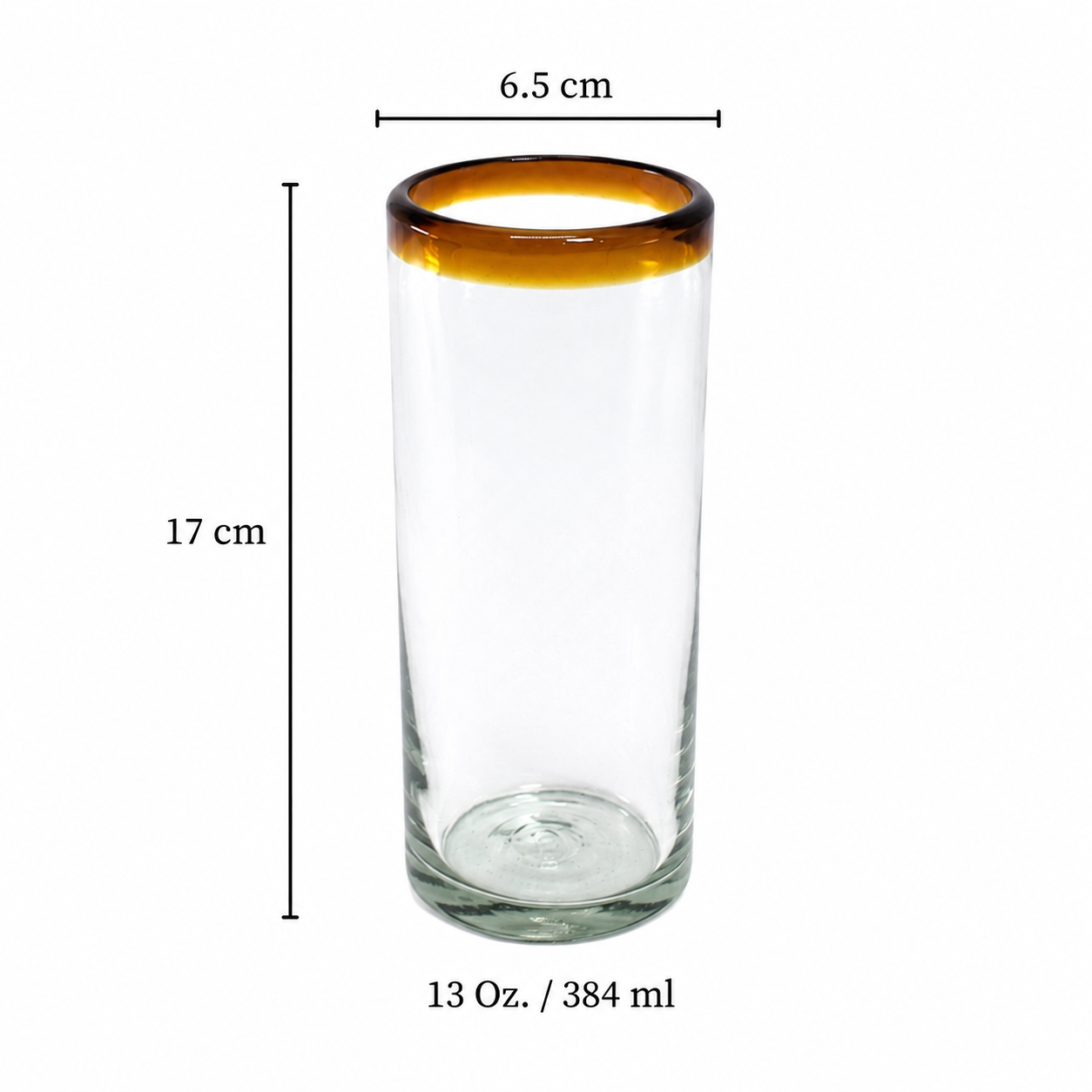 MAREY Mexican Drinking Glasses | Artisan Crafted | Blown Glass | Set of 6 Pieces | 100% Recycled | (Cobalt Blue Rim, Highball 13 Oz.)