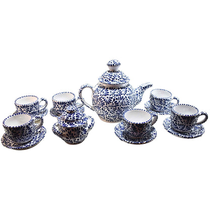 Tea Set | 6 Coffee Cups - Coffee Pot - Sugar Bowl | Talavera Pottery | Made in Puebla, Mexico | (Blue on White) - MAREY - Coffee Mug