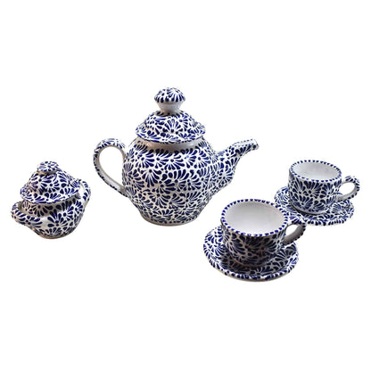 Tea Set | 6 Coffee Cups - Coffee Pot - Sugar Bowl | Talavera Pottery | Made in Puebla, Mexico | (Blue on White) - MAREY - Coffee Mug