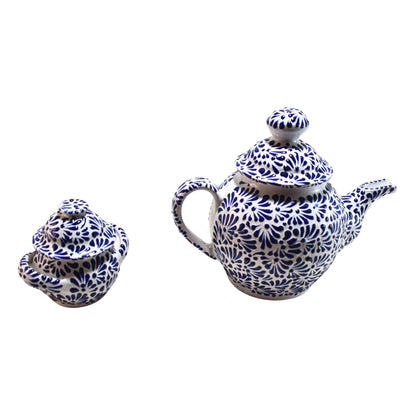 Tea Set | 6 Coffee Cups - Coffee Pot - Sugar Bowl | Talavera Pottery | Made in Puebla, Mexico | (Blue on White) - MAREY - Coffee Mug