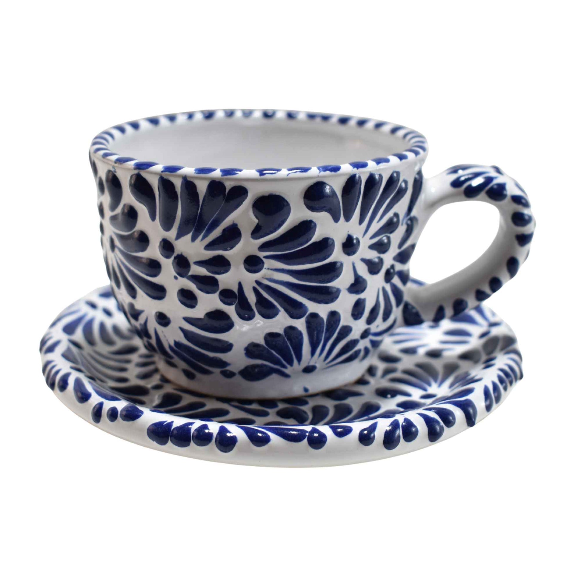Juego de té | 6 Tazas de Café - Cafetera - Azucarera | Cerámica de Talavera | Hecho en Puebla, México | (Azul sobre Blanco) - MAREY - taza para cafe