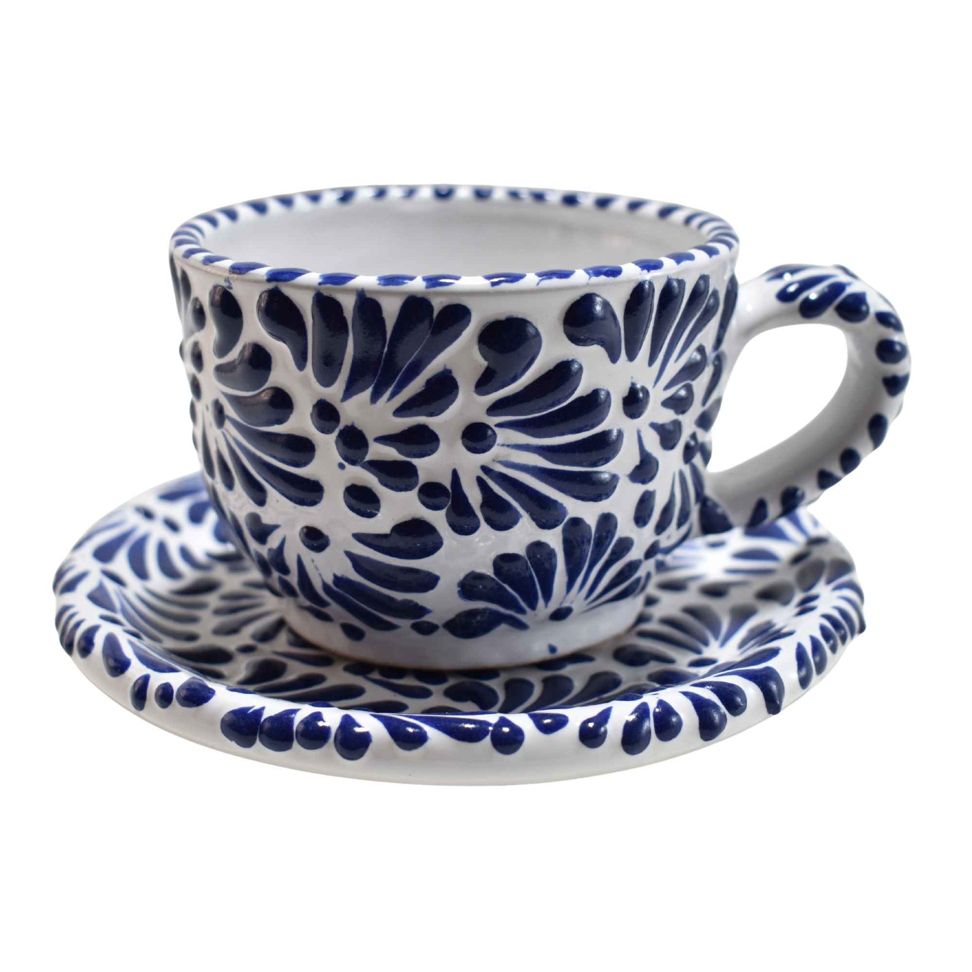 Juego de té | 6 Tazas de Café - Cafetera - Azucarera | Cerámica de Talavera | Hecho en Puebla, México | (Azul sobre Blanco) - MAREY - taza para cafe