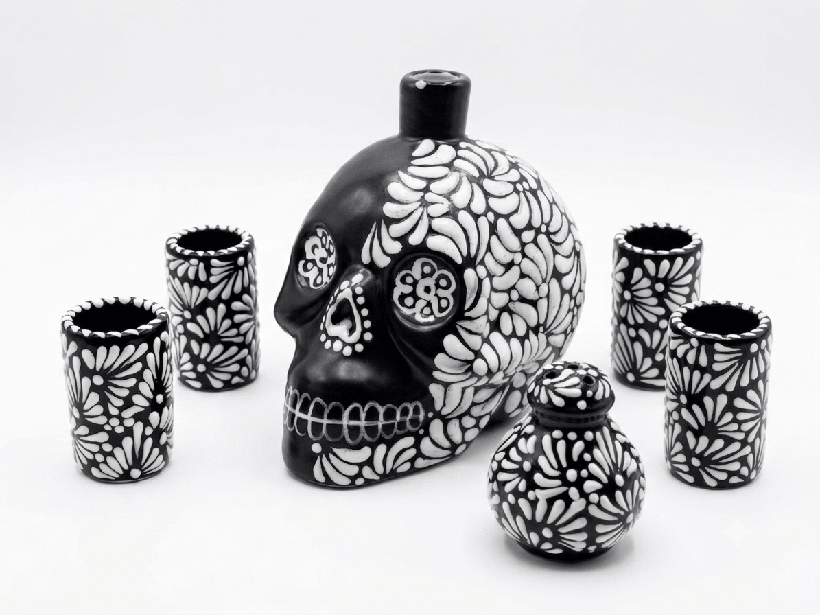 Licorera & Tequileros Set de Cerámica de Talavera Poblana 100% Artesanal (Blanco/Negro, 6 Piezas.) - MAREY - Vaso Tequilero