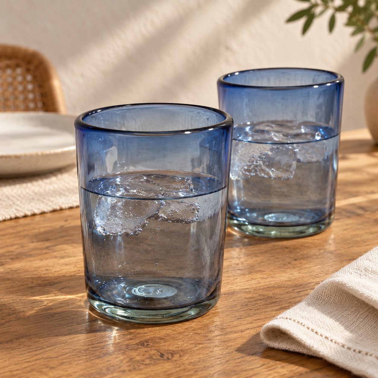 Dos vasos de vidrio soplado azul humo MAREY con agua y hielo sobre una mesa de madera.