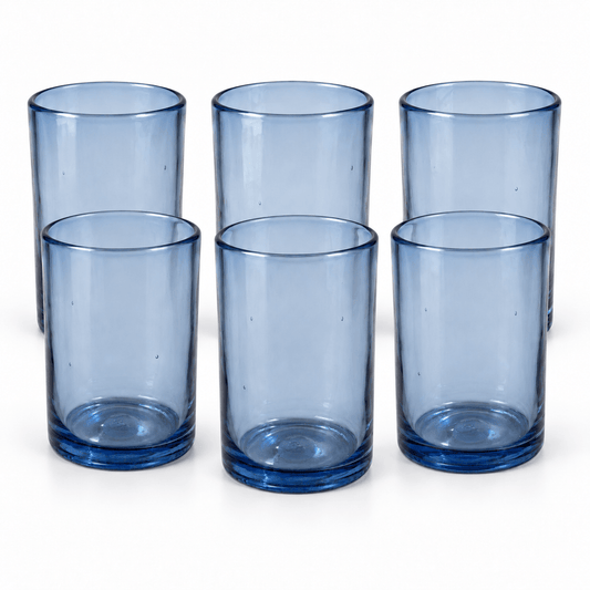 Set de 6 Vasos Altos de Vidrio Soplado Azul Humo | 470 ml - MAREY.MX - Vasos de vidrio soplado