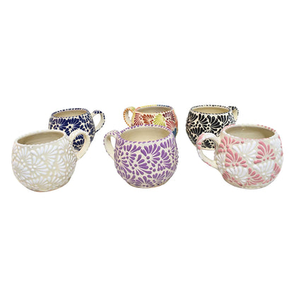 MAREY Talavera hot chocolate mugs, 9 cm in diameter and 9 cm tall, with handles and floral decoration in various colors