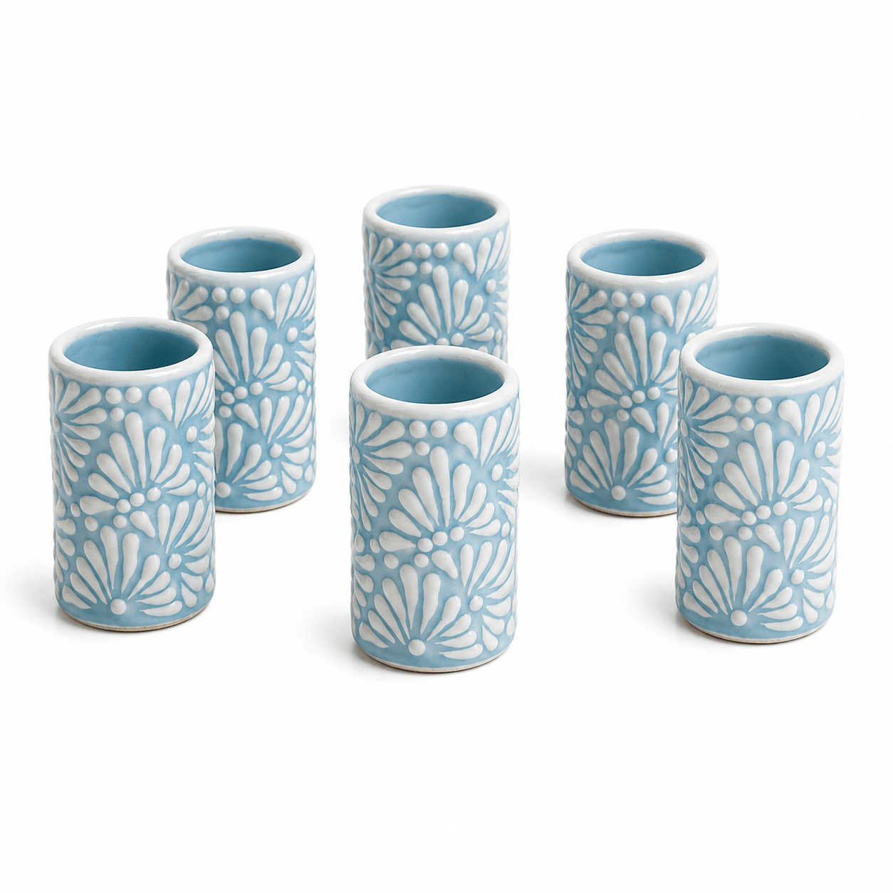 Tequileros de Cerámica de Talavera 100% Artesanal (Baby Blue, 2 Oz.) - MAREY - Vaso Tequilero