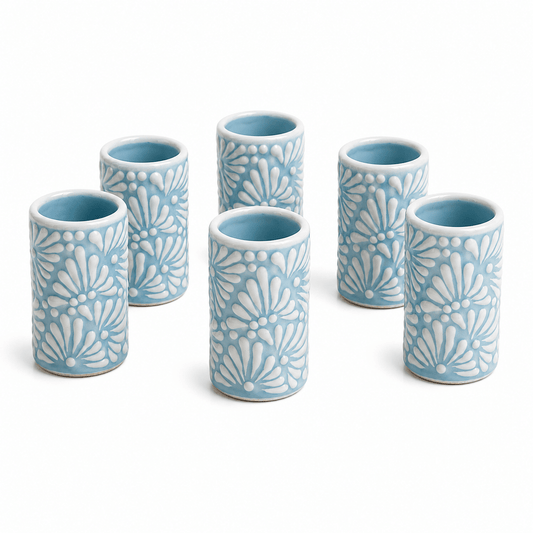 Tequileros de Cerámica de Talavera 100% Artesanal (Baby Blue, 2 Oz.) - MAREY - Vaso Tequilero