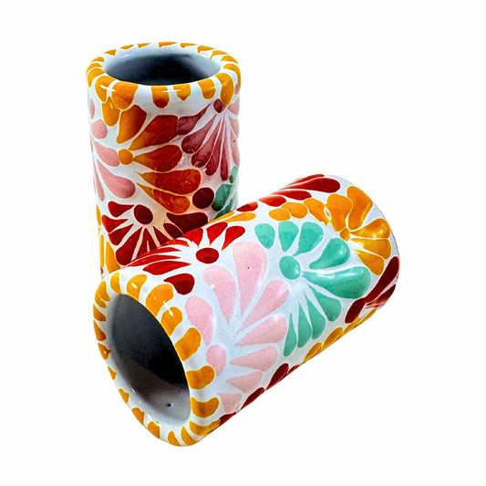 Tequileros de Cerámica de Talavera 100% Artesanal (Multicolor, 2 Oz.) - MAREY - Vaso Tequilero