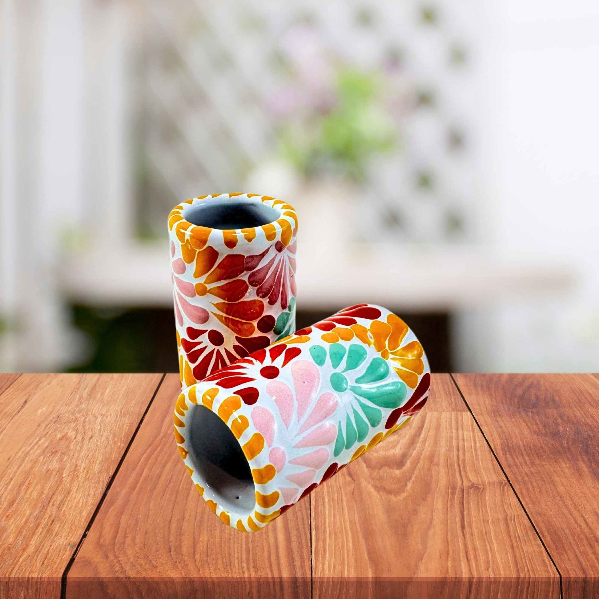 Tequileros de Cerámica de Talavera 100% Artesanal (Multicolor, 2 Oz.) - MAREY - Vaso Tequilero