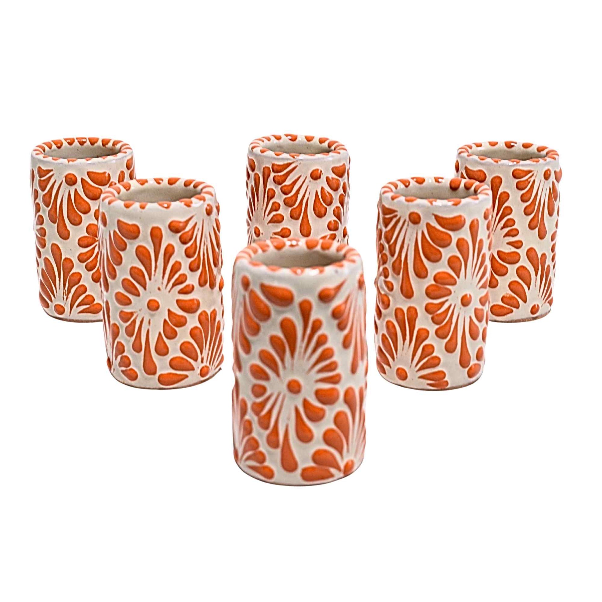 Tequileros de Cerámica de Talavera 100% Artesanal (Naranja, 2 Oz.) - MAREY - Vaso Tequilero