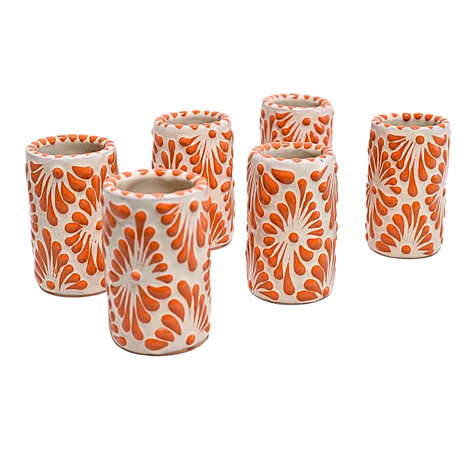 Tequileros de Cerámica de Talavera 100% Artesanal (Naranja, 2 Oz.) - MAREY - Vaso Tequilero
