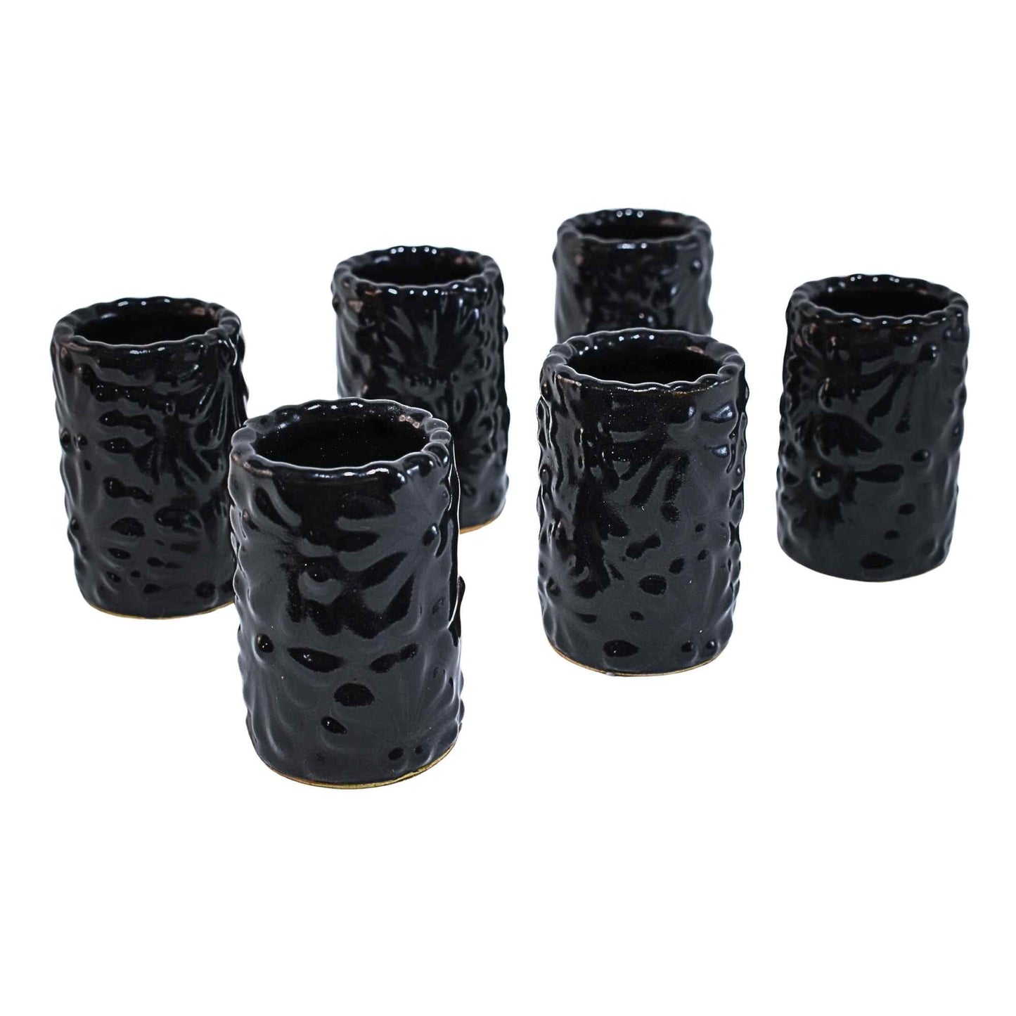 Tequileros de Cerámica de Talavera 100% Artesanal (Negro, 2 Oz.) - MAREY - Vaso Tequilero