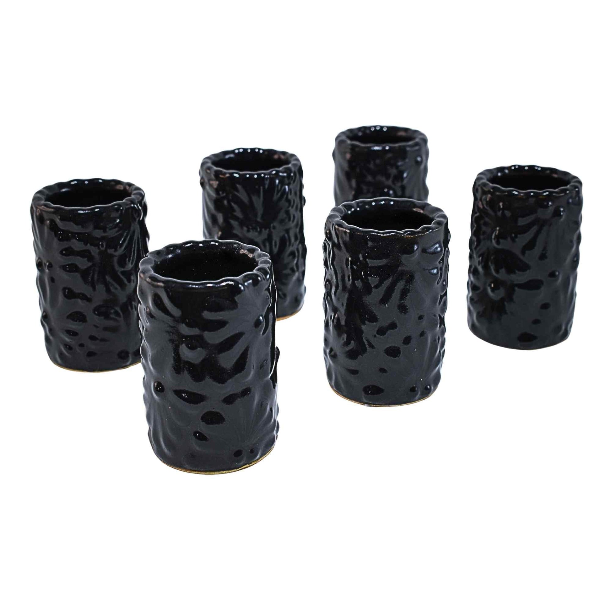 Tequileros de Cerámica de Talavera 100% Artesanal (Negro, 2 Oz.) - MAREY - Vaso Tequilero