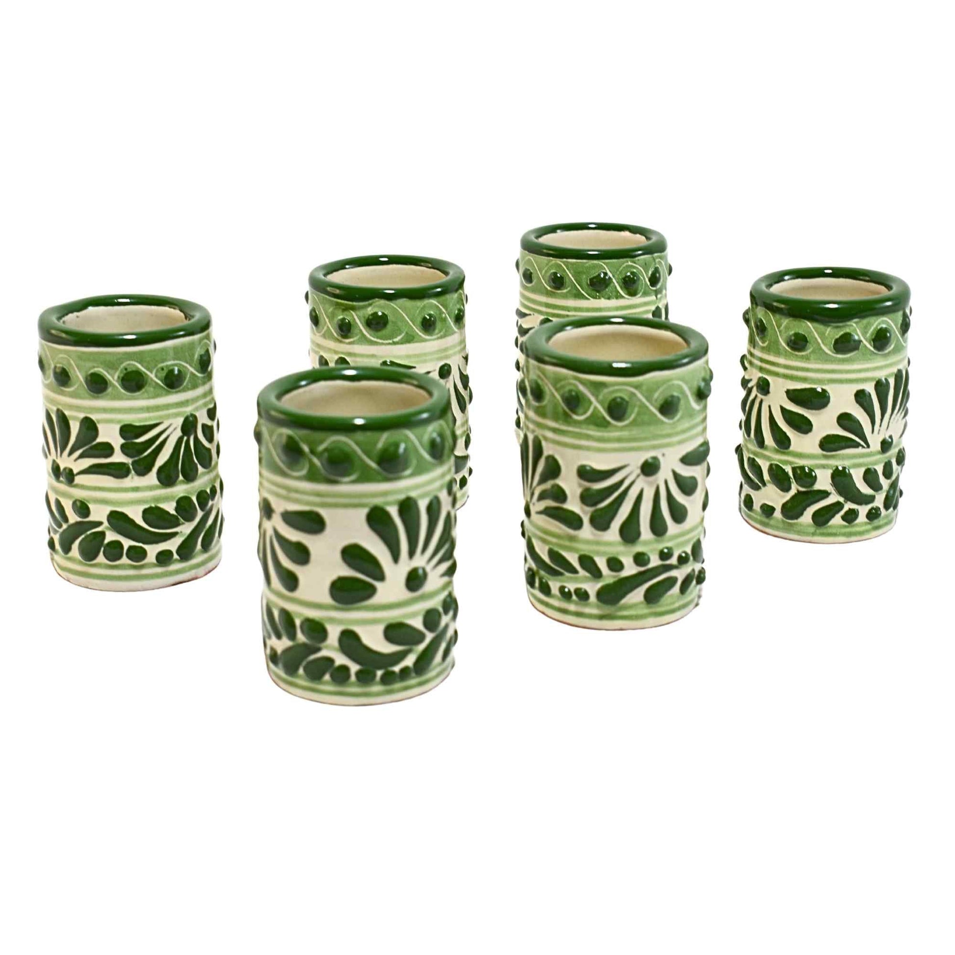 Tequileros de Cerámica de Talavera 100% Artesanal (Verde, 2 Oz.) - MAREY - Vaso Tequilero