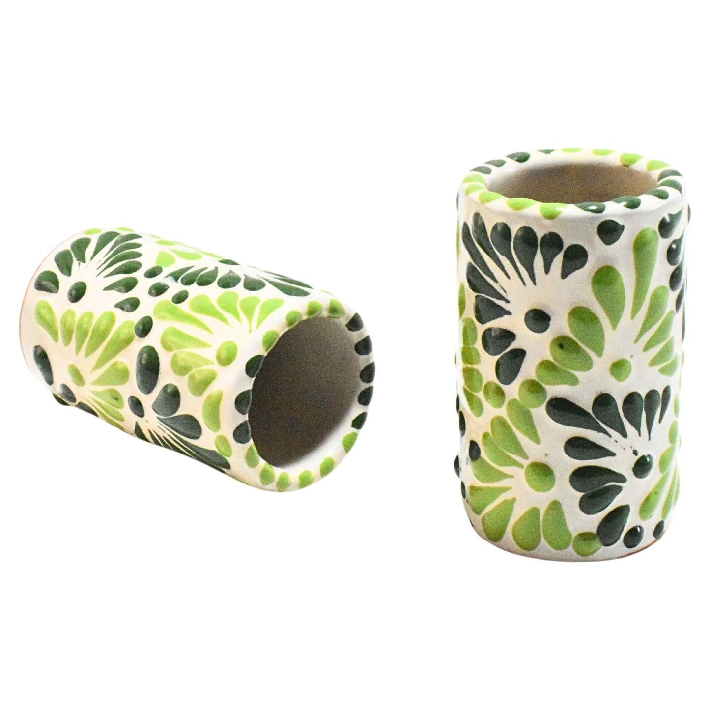 Tequileros de Cerámica de Talavera 100% Artesanal (Verde 2 Tonos, 2 Oz.) - MAREY - Vaso Tequilero