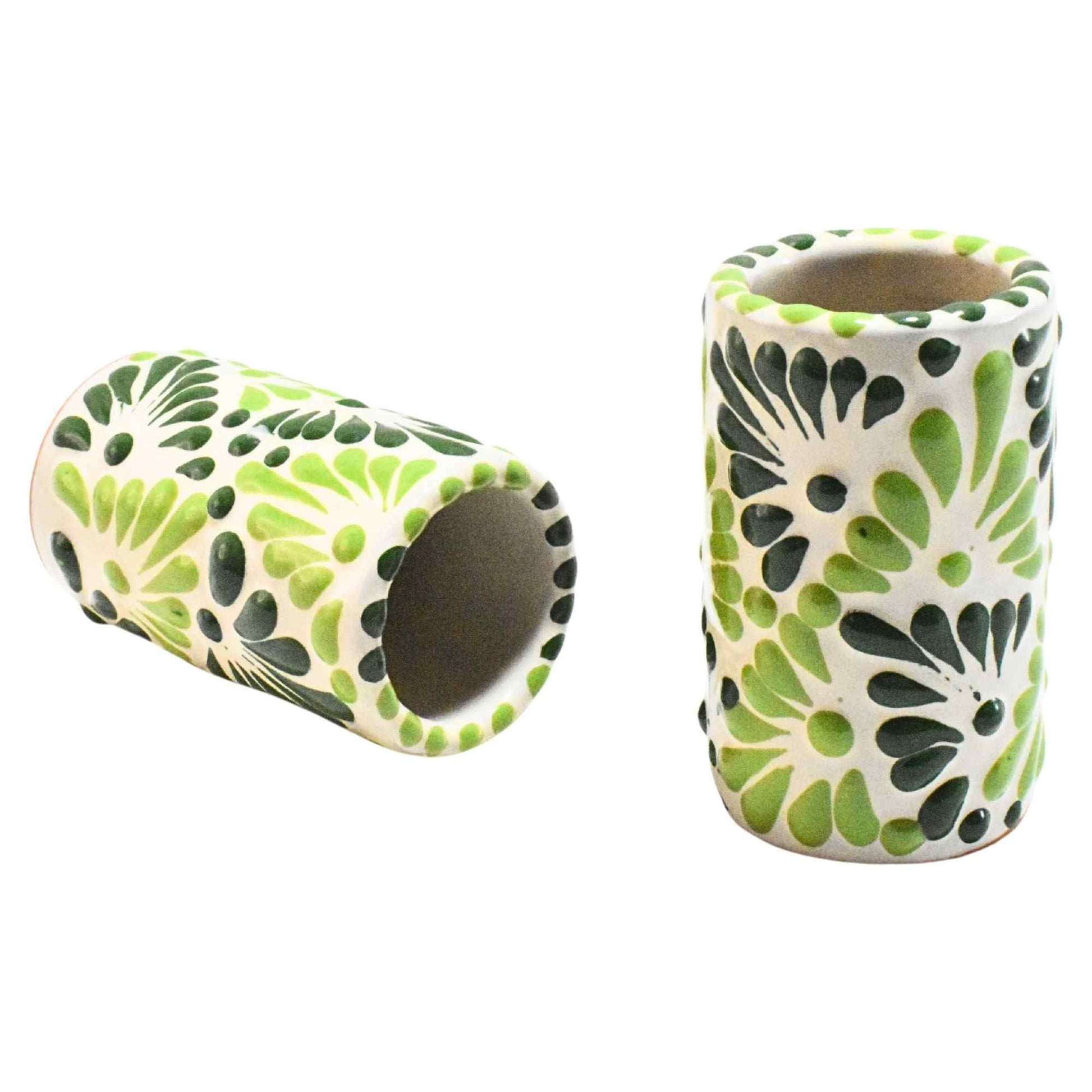 Tequileros de Cerámica de Talavera 100% Artesanal (Verde 2 Tonos, 2 Oz.) - MAREY - Vaso Tequilero