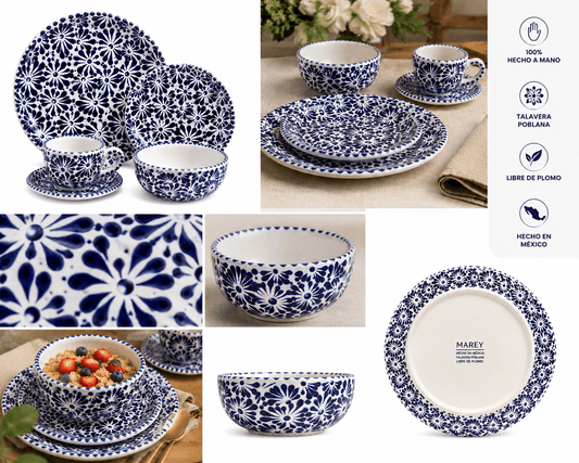 Vajilla de Cerámica de Talavera Artesanal – Set de Platos de Cerámica Hecho en México | Set de 5 Piezas | - MAREY - Vajilla
