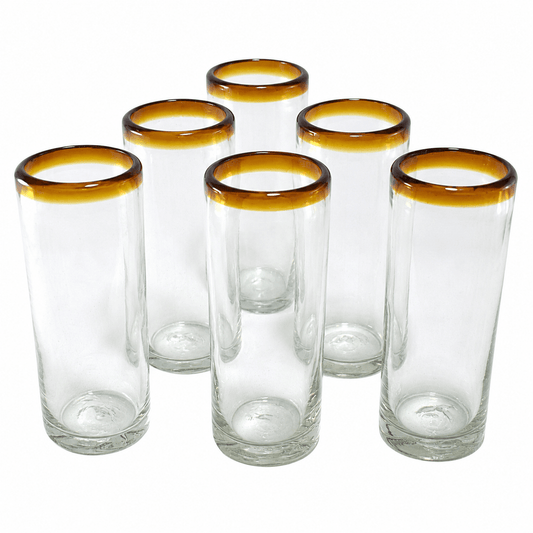 Vasos Jaiboleros de Vidrio Soplado | Set de 6 Piezas | (Posta Ámbar, Highball, 13 Oz.) - MAREY -